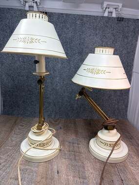 Vintage MCM Toleware Posable Side Table Lamps set of 2 brass and cream shades
